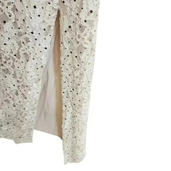 Long Lace Dress with Sequins Ivory Cream Beige Stretch Side Split - Picture 4 of 8